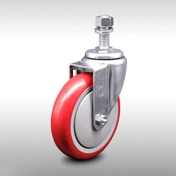 5 Inch SS Red Polyurethane Wheel Swivel 12mm Threaded Stem Caster SCC